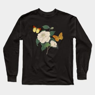 White camellia flowers and butterflies Long Sleeve T-Shirt